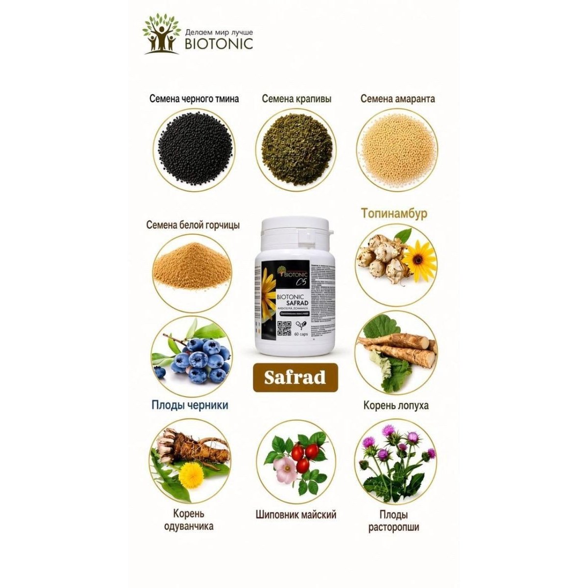Biotonic Safrad (Сафрад) — тұқымдар мен жидектер кешені (60 капсула)
